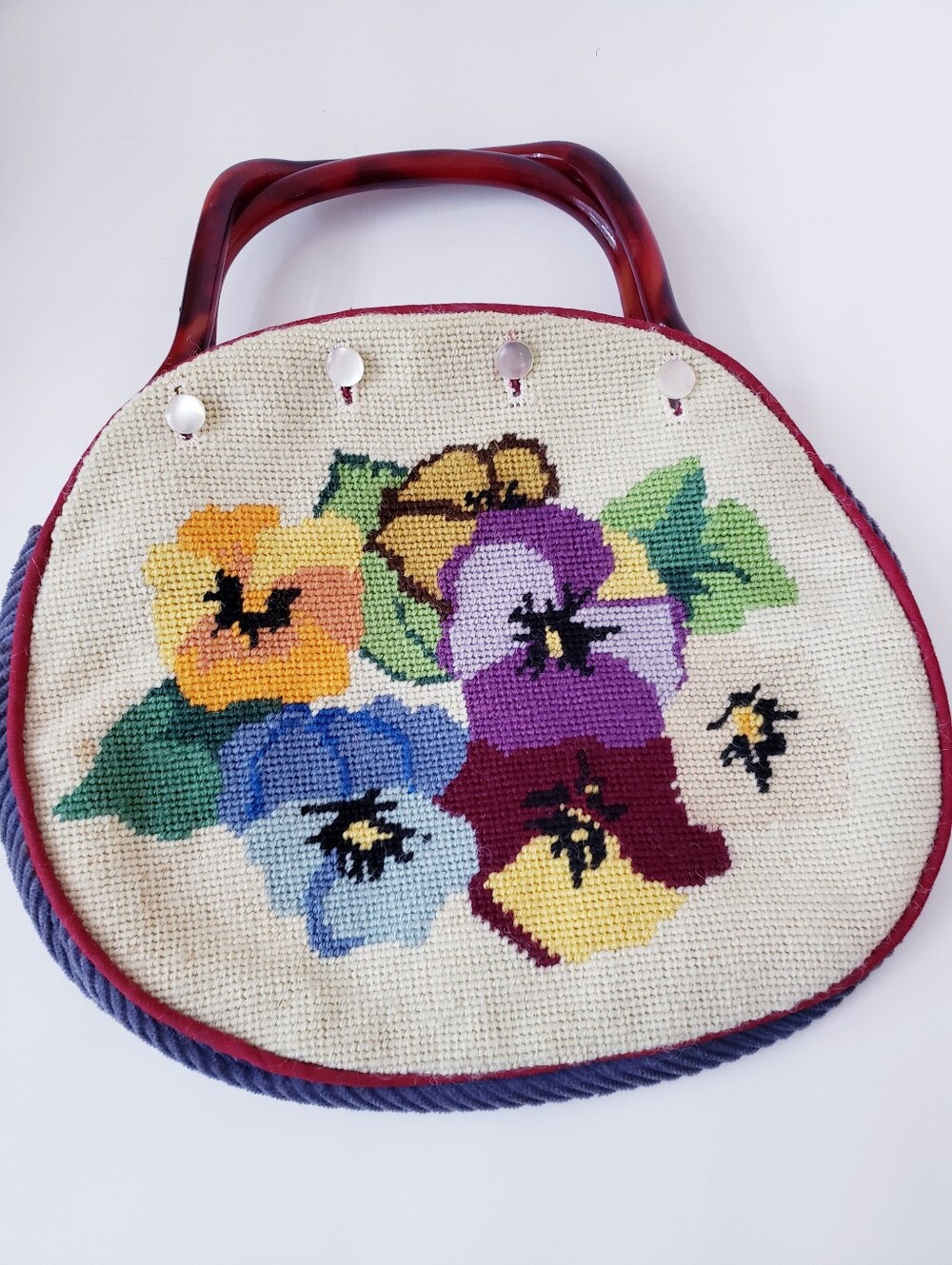 Vintage Pansy Needlepoint Floral Print Bermuda Bag